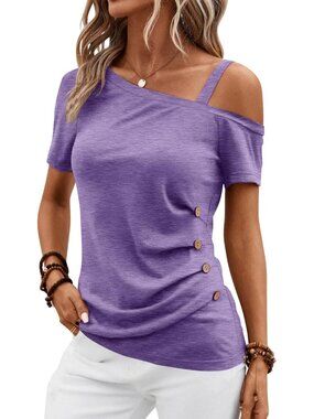 👑 Women Purple Short Sleeve Off Shoulder Asymmetrical Button Ruched Blouses Top
